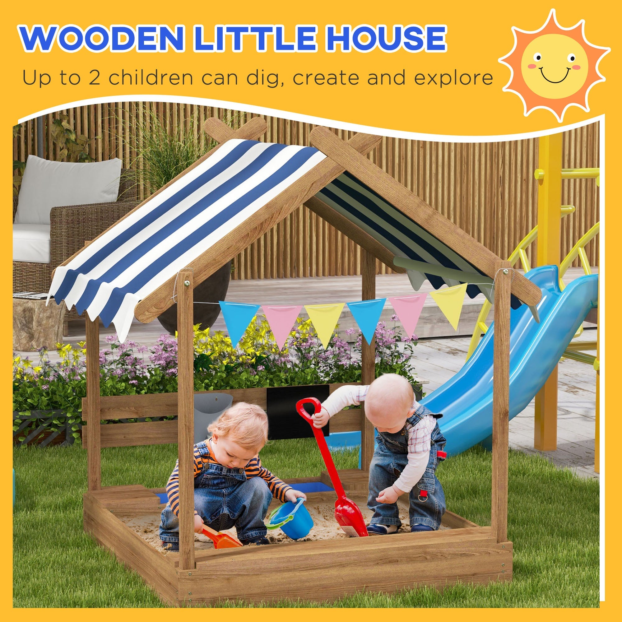 Wooden Sandbox with Canopy House Design Brown-3