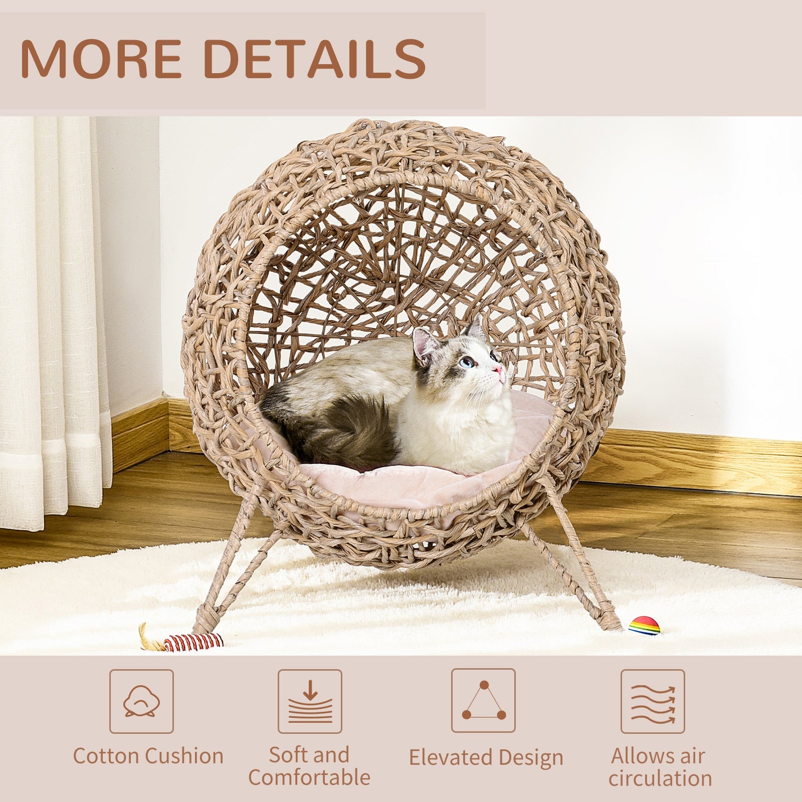 Wicker Cat Bed, Ball-Shaped Rattan Elevated Cat Basket with Three Tripod Legs, Cushion, Natural Wood Finish-4