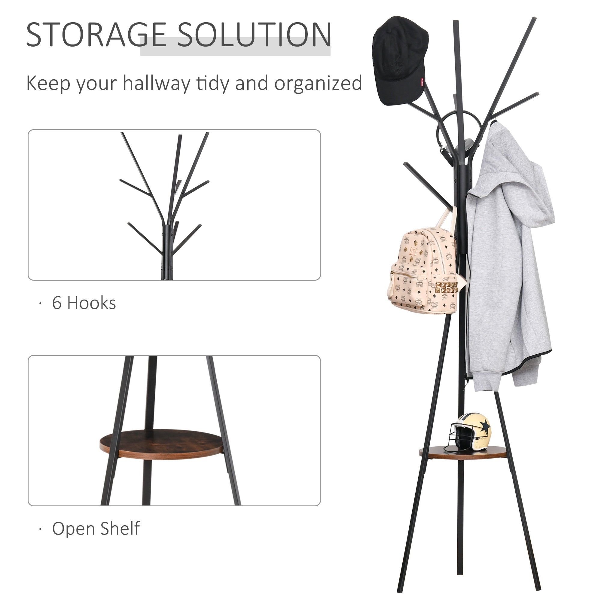 180cm Free Standing Metal Coat Rack Stand 9 Hooks Clothes Tree with 1 Shelf Hat Display Hall Tree Hanger Bag Umbrella Hanging Organiser, Brown-3