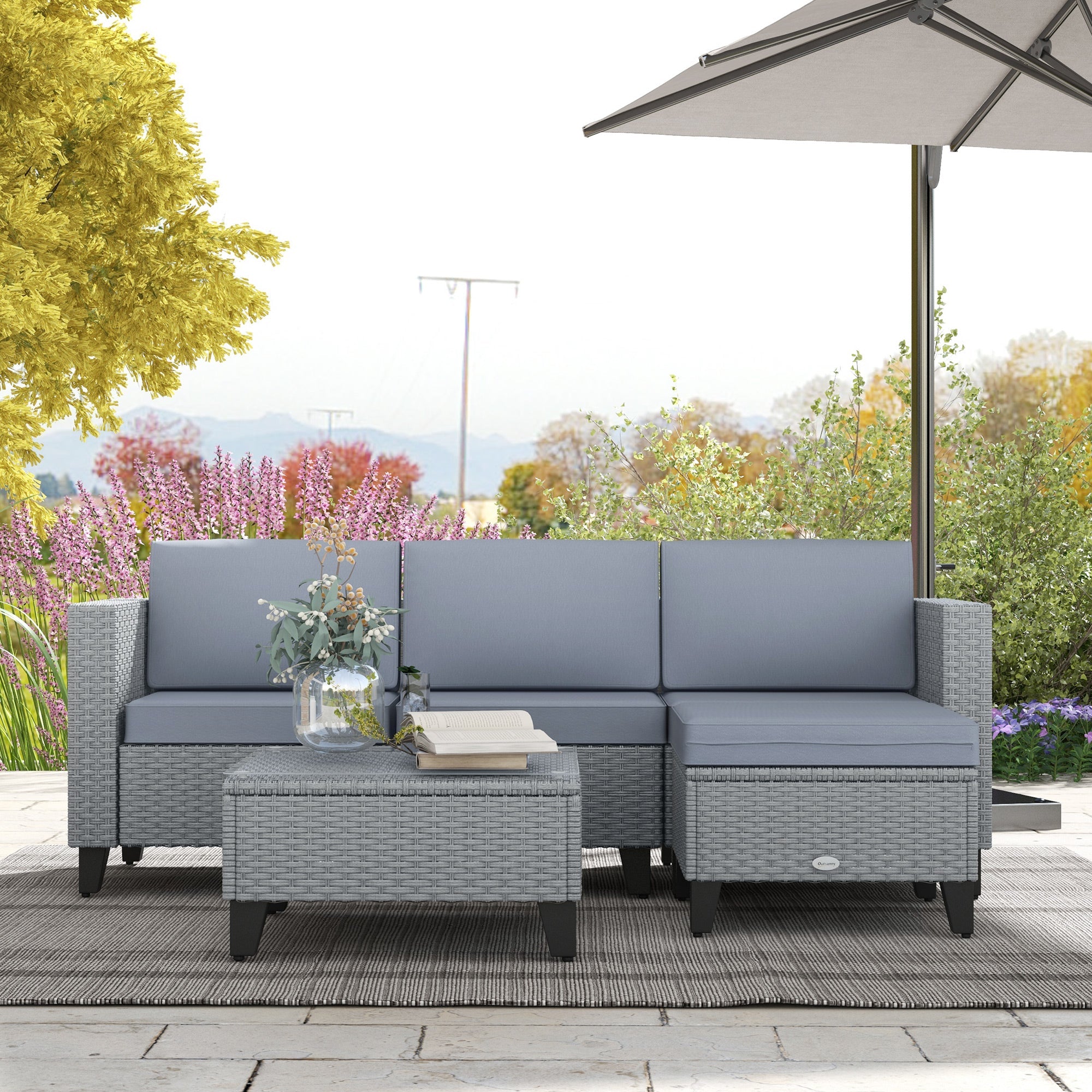 5-Piece Rattan Patio Furniture Set with Corner Sofa, Footstools, Coffee Table, for Poolside, Grey-1