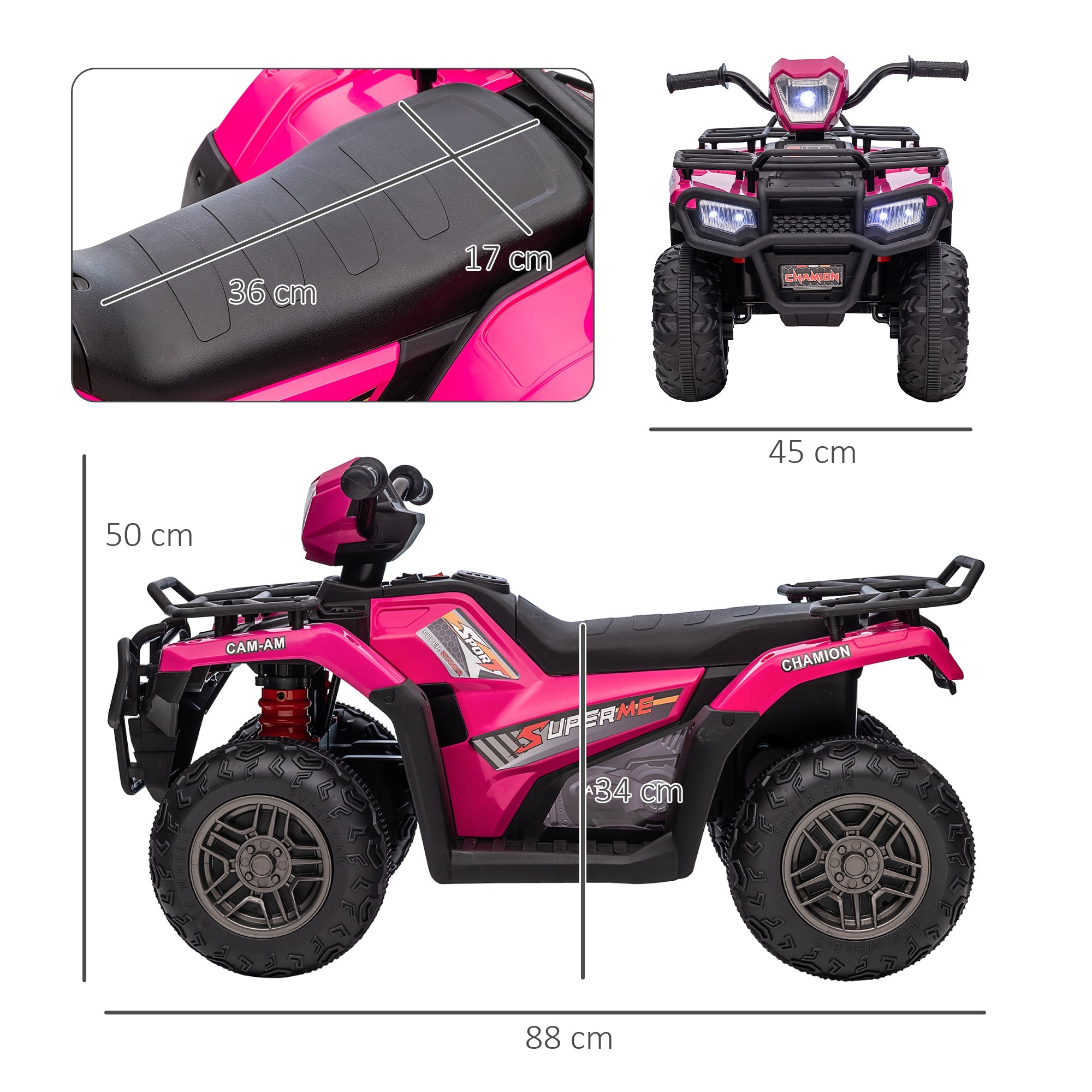 12V Kids Quad Bike with Forward Reverse Functions, Ride On ATV with Music, LED Headlights, for Ages 3-5 Years - Pink-2