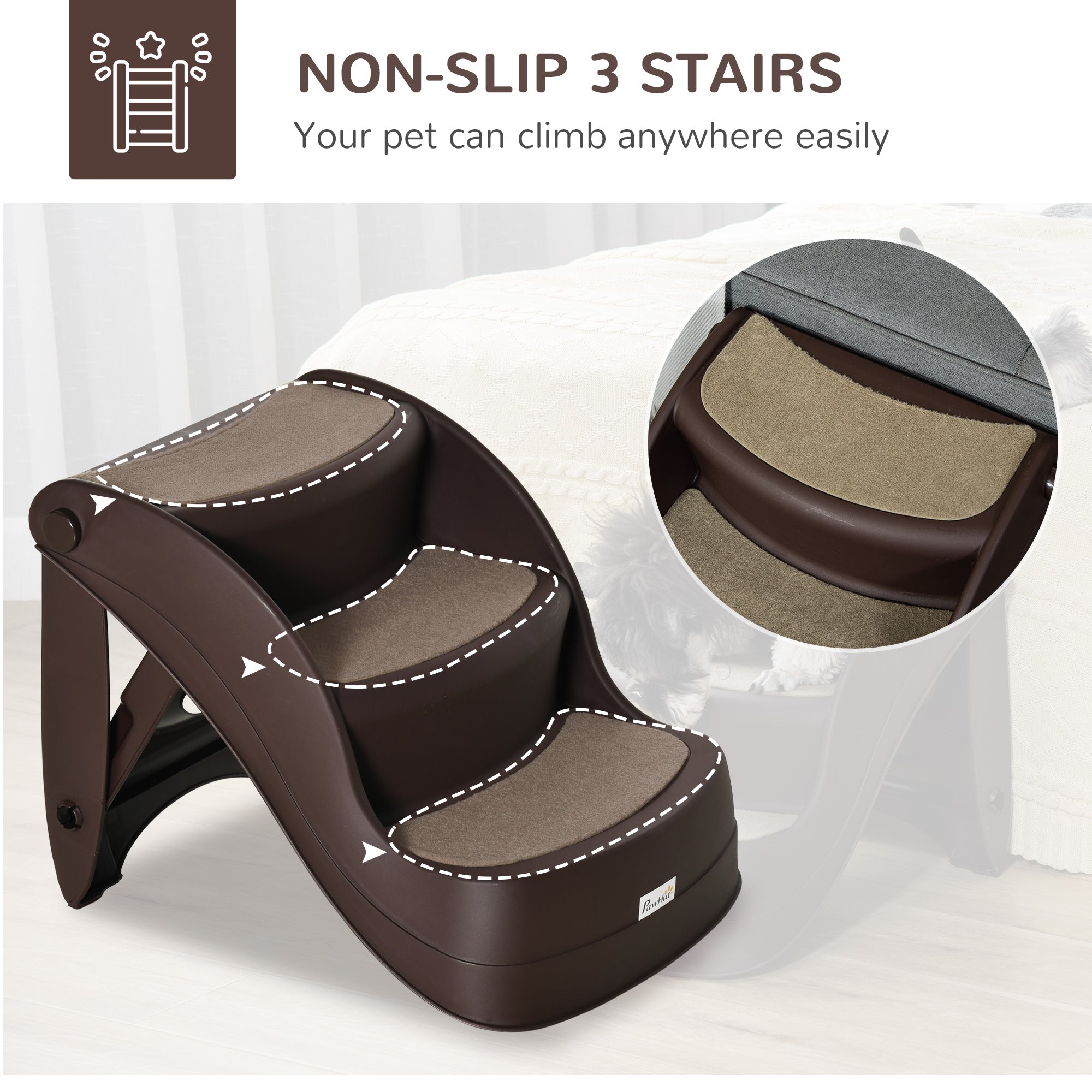 Foldable Pet Stairs Portable Dog Steps 3-Step Design with Non-slip Mats for High Beds, Sofas, 49 x 38 x 38 cm, Brown-3