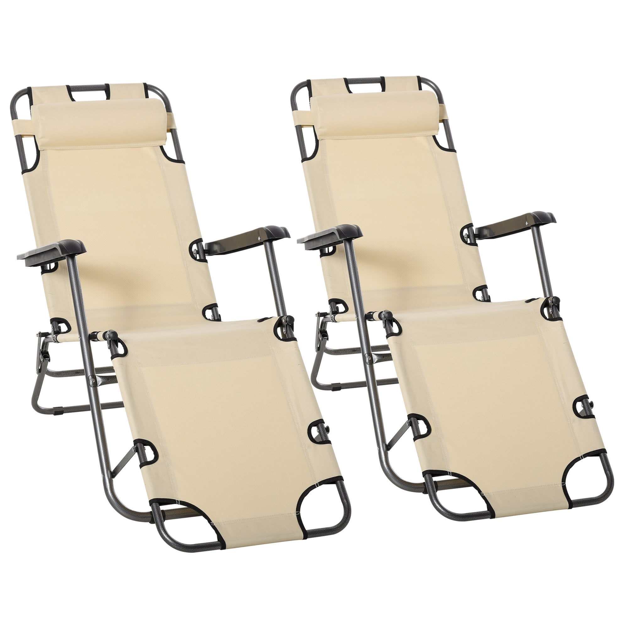 2 Pieces Foldable Sun Loungers with Adjustable Back, Outdoor Reclining Garden Chairs with Pillow and Armrests, Beige-0