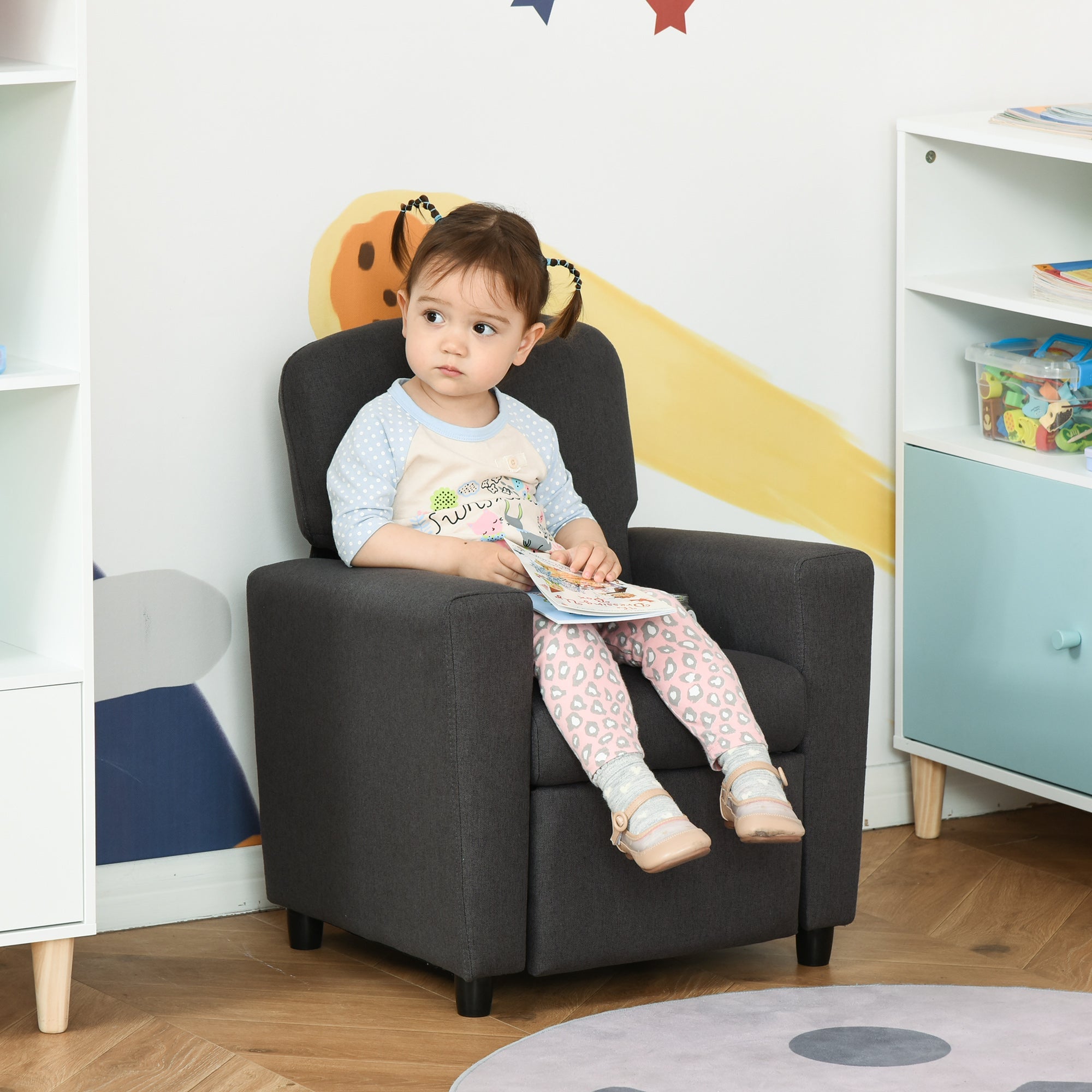 2 in 1 design Kids Sofa Armchair with Footrest for Children Playroom Bedroom Living Room, 55 x 50 x 67cm, Grey-1