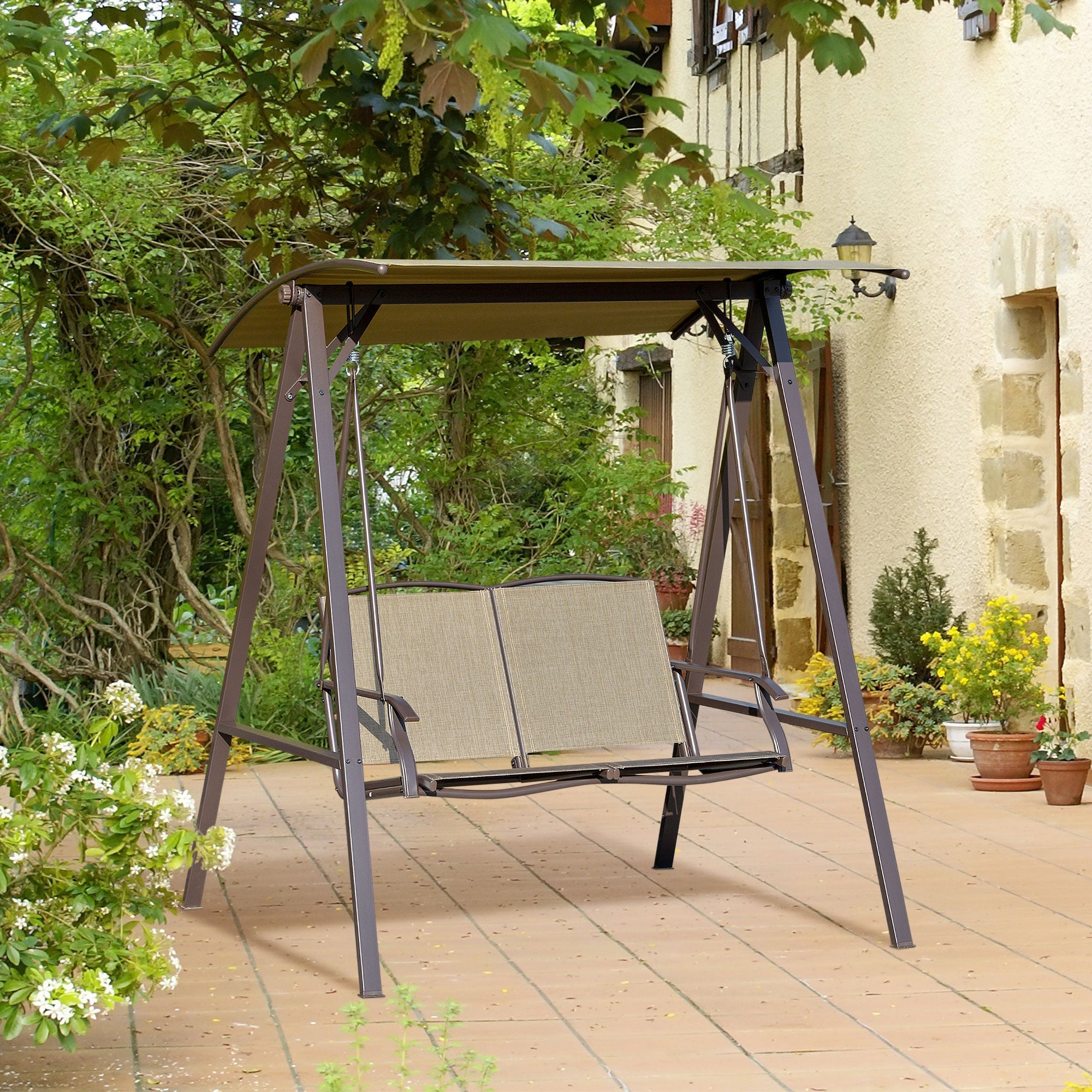 2 Seater Garden Swing Chair, Outdoor Canopy Swing Bench with Adjustable Shade and Metal Frame, Brown-1