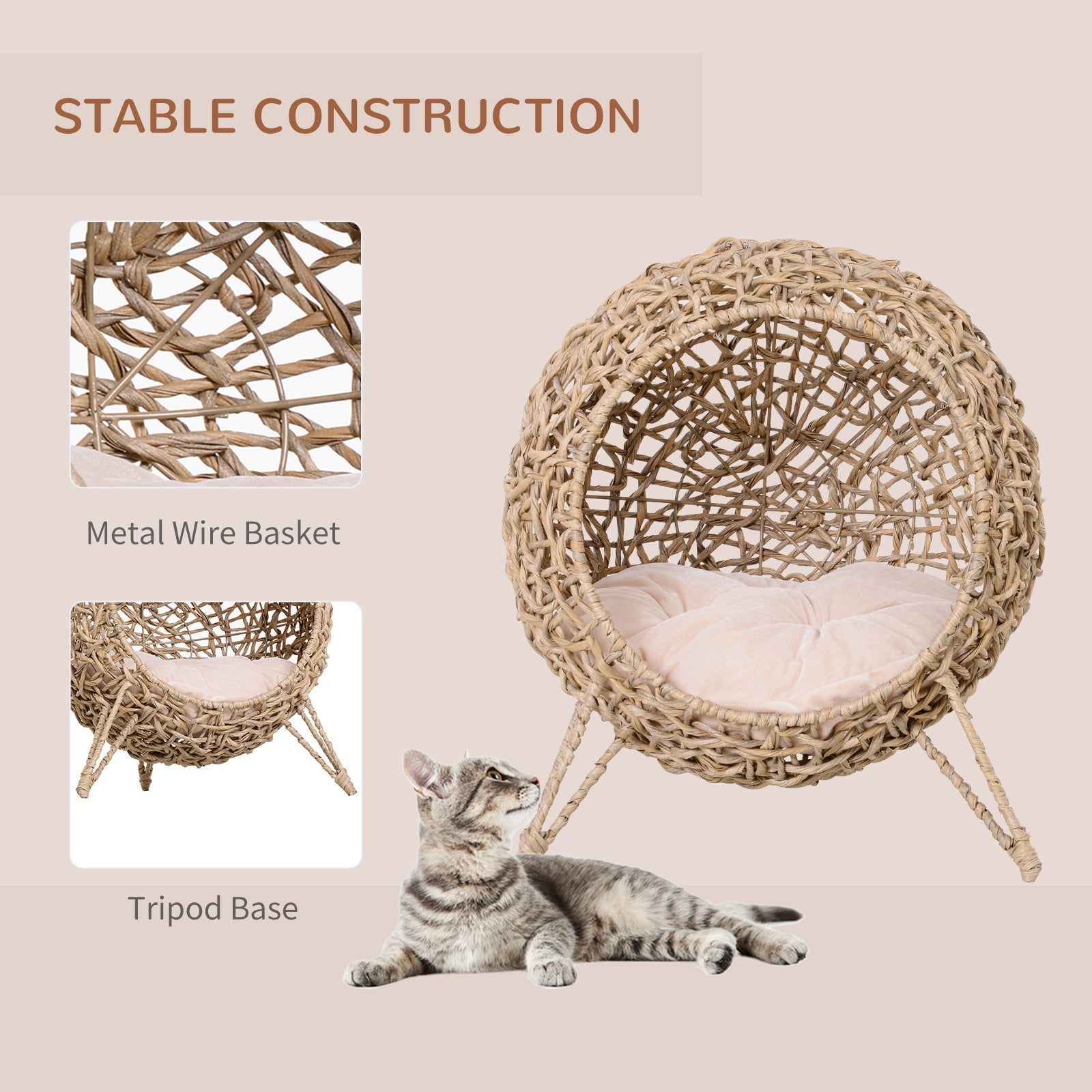 Wicker Cat Bed, Ball-Shaped Rattan Elevated Cat Basket with Three Tripod Legs, Cushion, Natural Wood Finish-3