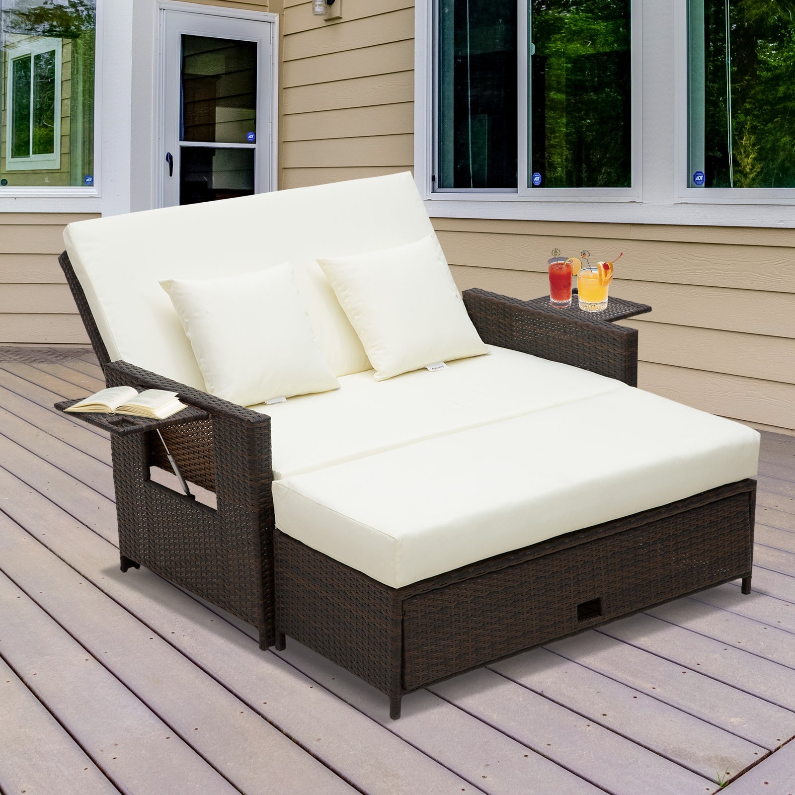 2 Seater Assembled Garden Patio Outdoor Rattan Furniture Sofa Sun Lounger Daybed with Fire Retardant Sponge - Brown-1