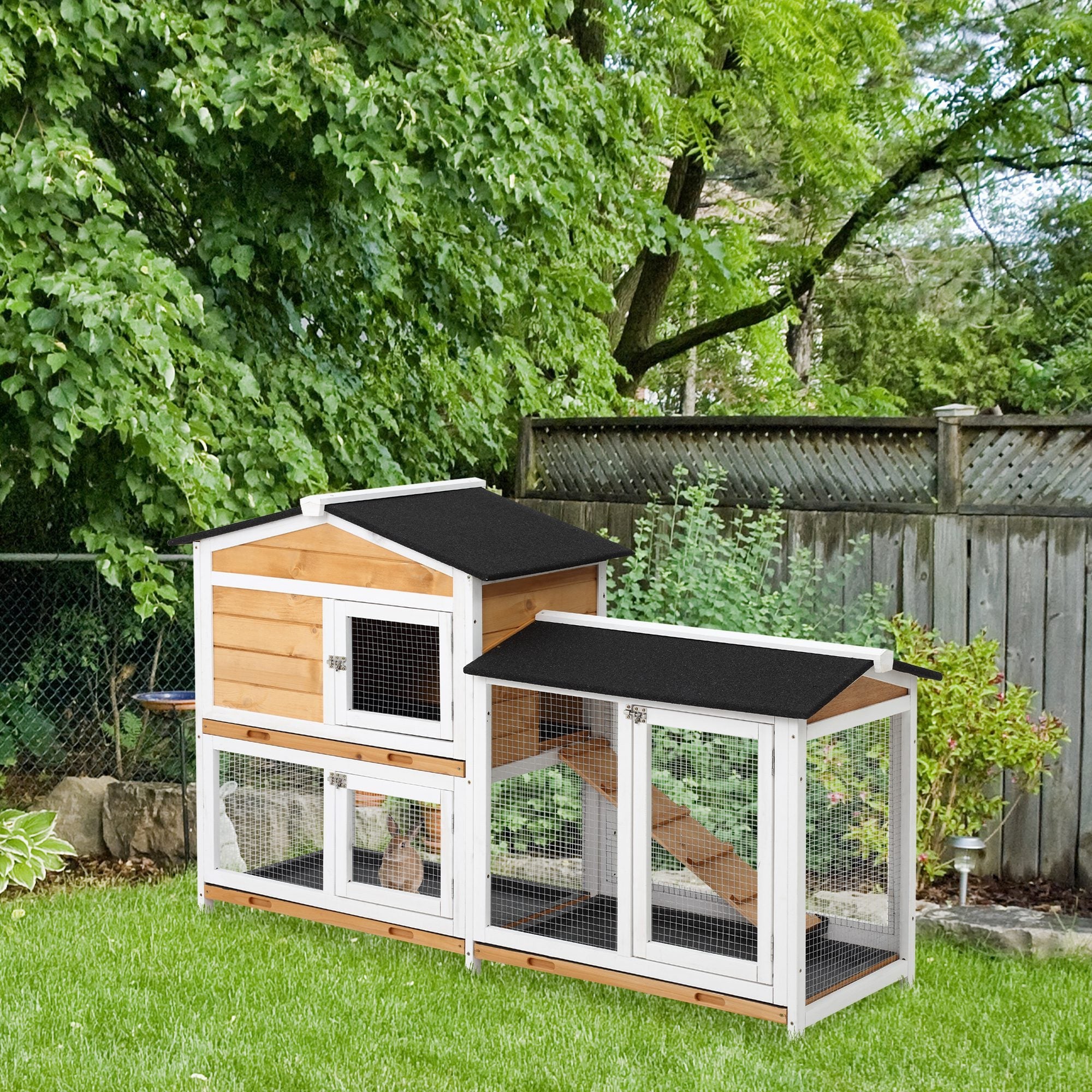 2-Tier Rabbit Hutch Wooden Guinea Pig House Pet Cage Outdoor w/ Sliding-out Tray Ramp, 157.4x53x93.5cm, Yellow-1