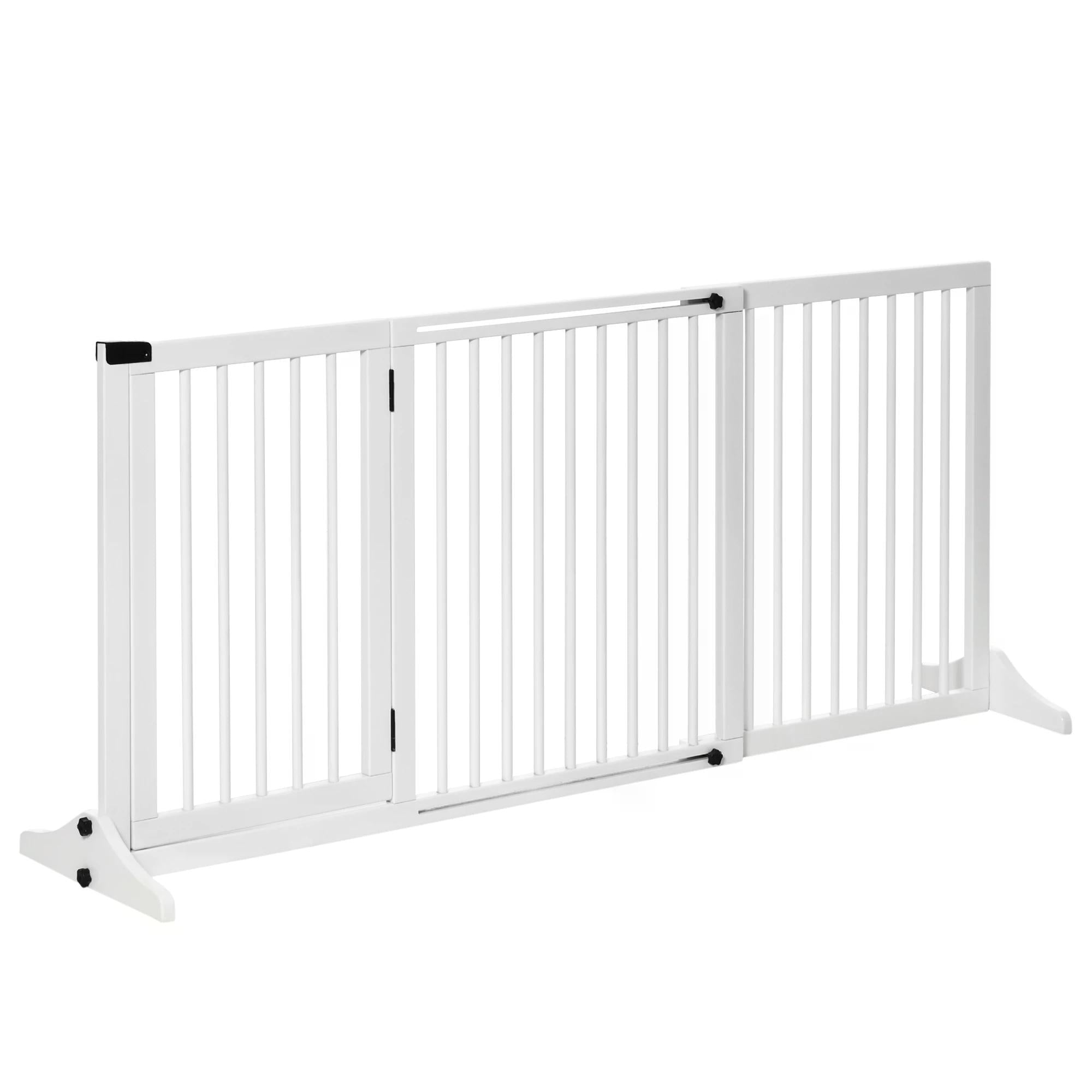 Adjustable Wooden Pet Gate Freestanding Dog Barrier Fence Doorway 3 Panels Safety Gate w/ Lockable Door White 71H x 113-166W cm-0