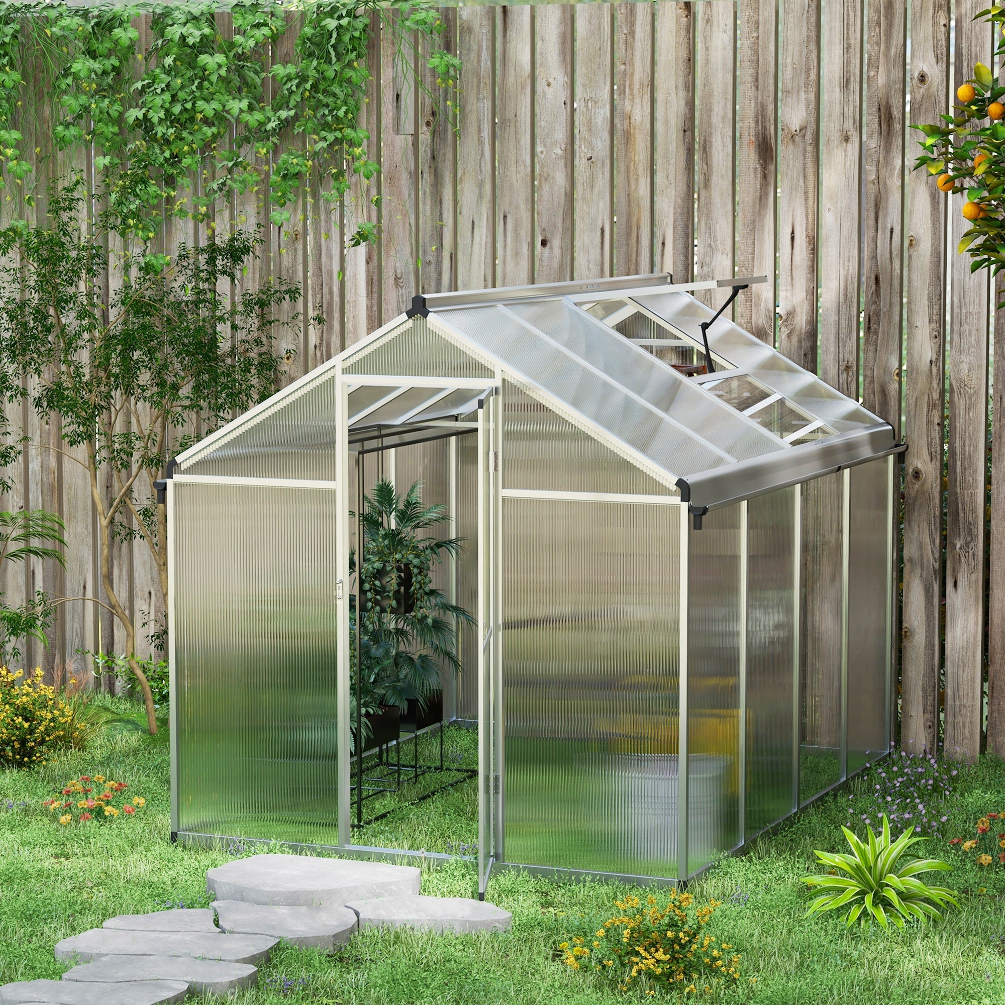 6 x 8ft Polycarbonate Greenhouse with Rain Gutters, Large Walk-In Green House with Door and Window, Garden Plants Grow House-1