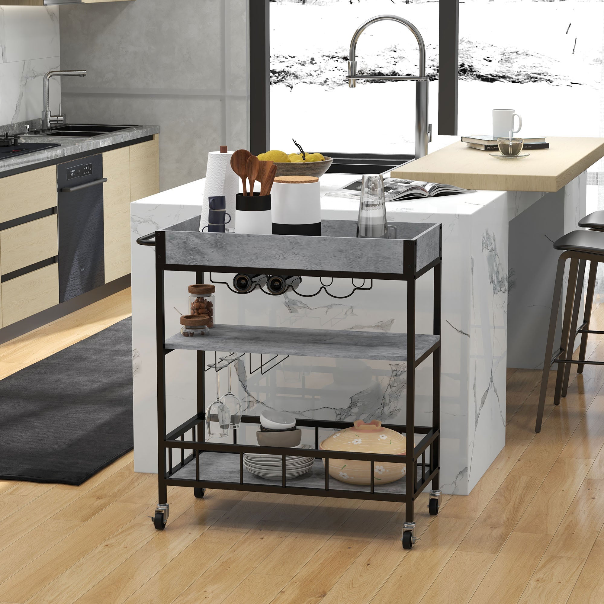 3-Tier Kitchen Cart, Kitchen Island with Storage Shelves, Removable Tray, Wine Racks, Glass Holders, Faux Marbled Grey-1