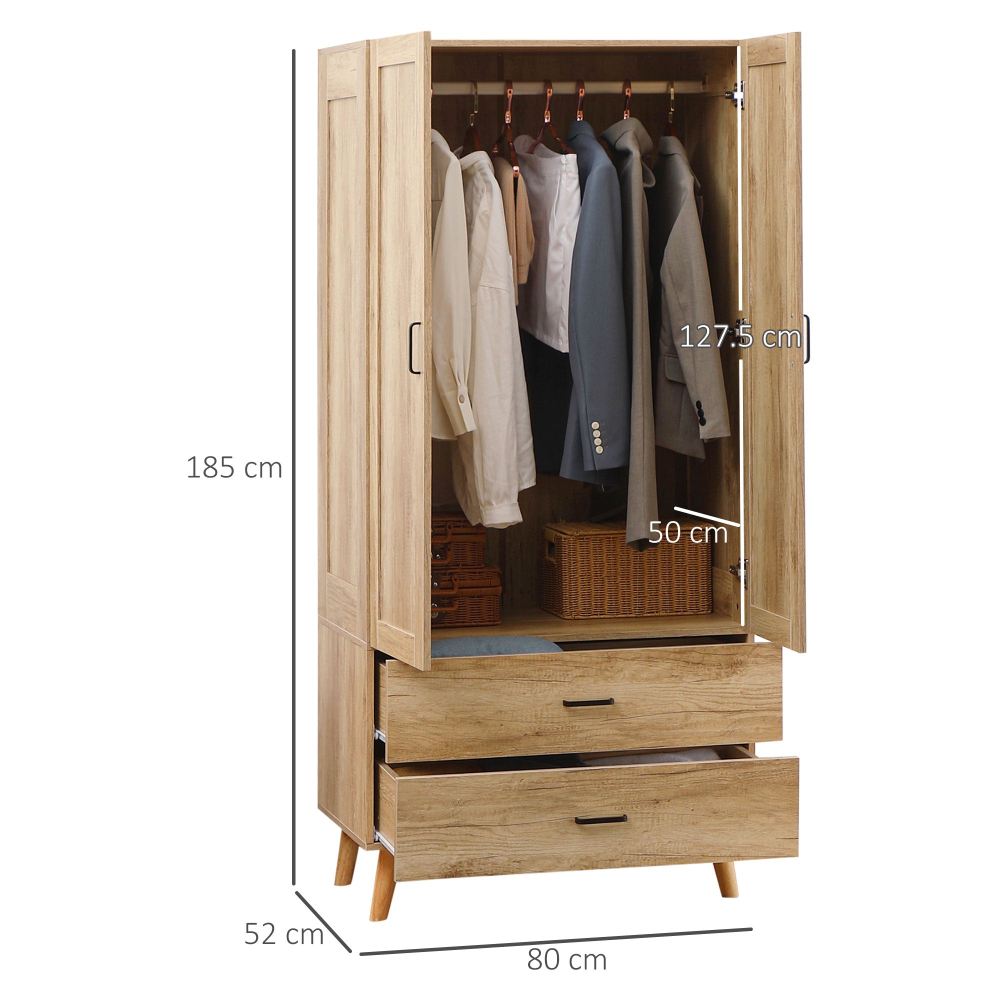 2 Door Wardrobe, Modern Wardrobe with 2 Drawer and Hanging Rail for Bedroom, Natural-2