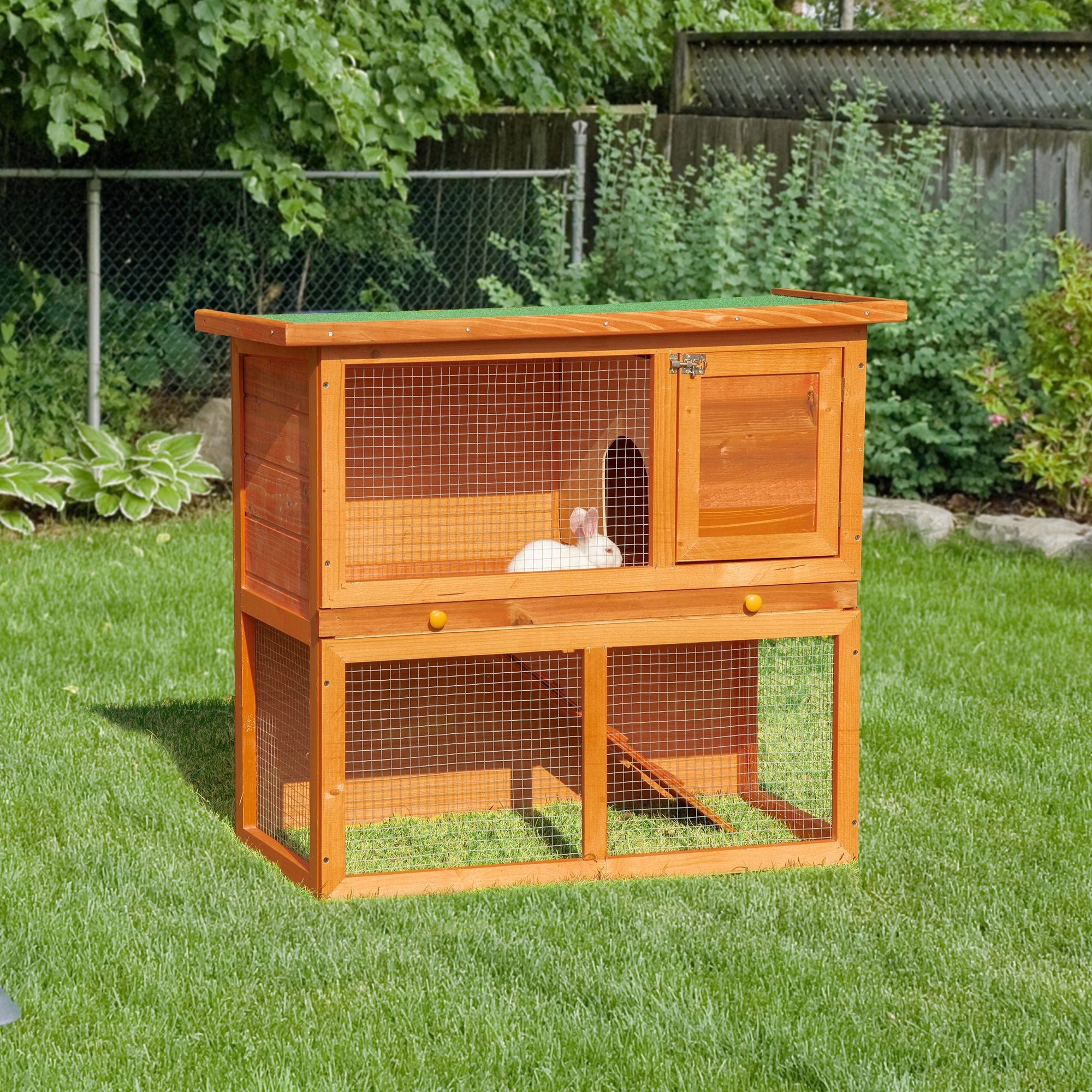 2-Tier Rabbit Hutch Wooden Guinea Pig Hutch Double Decker Pet Cage Run with Sliding Tray Opening Top-1