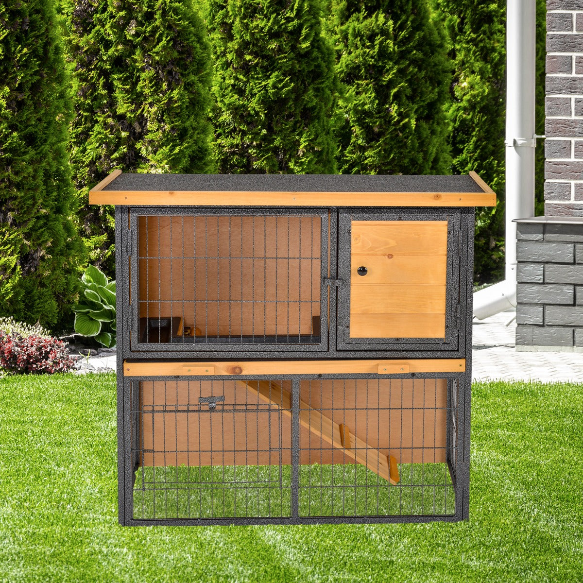 Wood-metal Guinea Pigs Hutches Elevated Pet House Bunny Cage with Slide-Out Tray Asphalt Openable Roof Lockable Door Outdoor-0