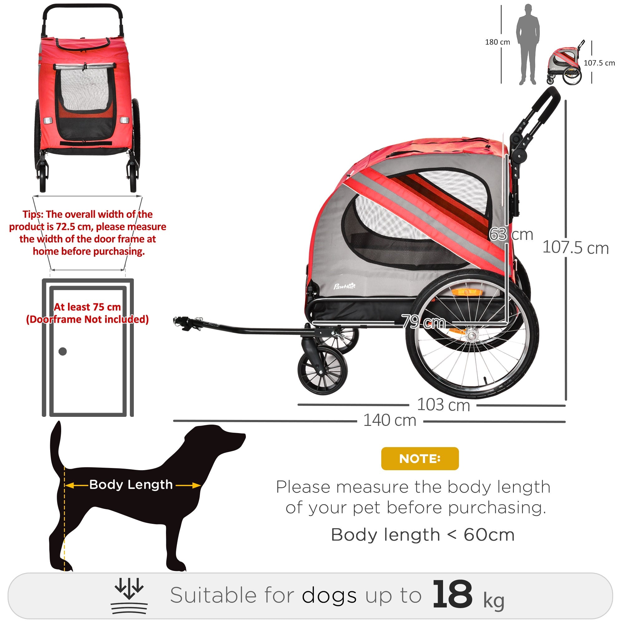 Dog Bike Trailer 2-in-1 Pet Stroller Cart Bicycle Carrier Attachment for Travel in steel frame with Universal Wheel Reflectors Flag Red-3