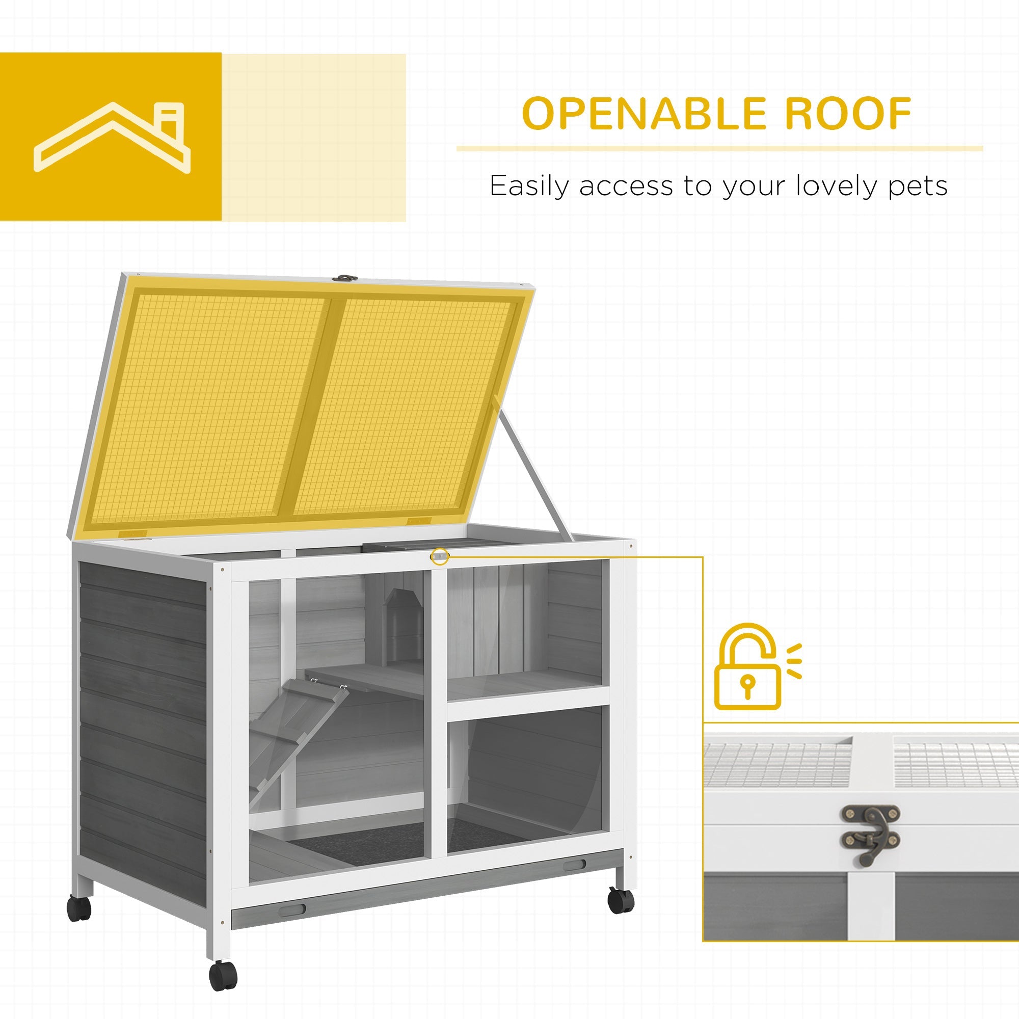 Wooden Rabbit Hutch Guinea Pigs House Bunny Small Animal Cage w/ Pull-out Tray Openable Roof Wheels 91.5 x 53.3 x 73 cm-4