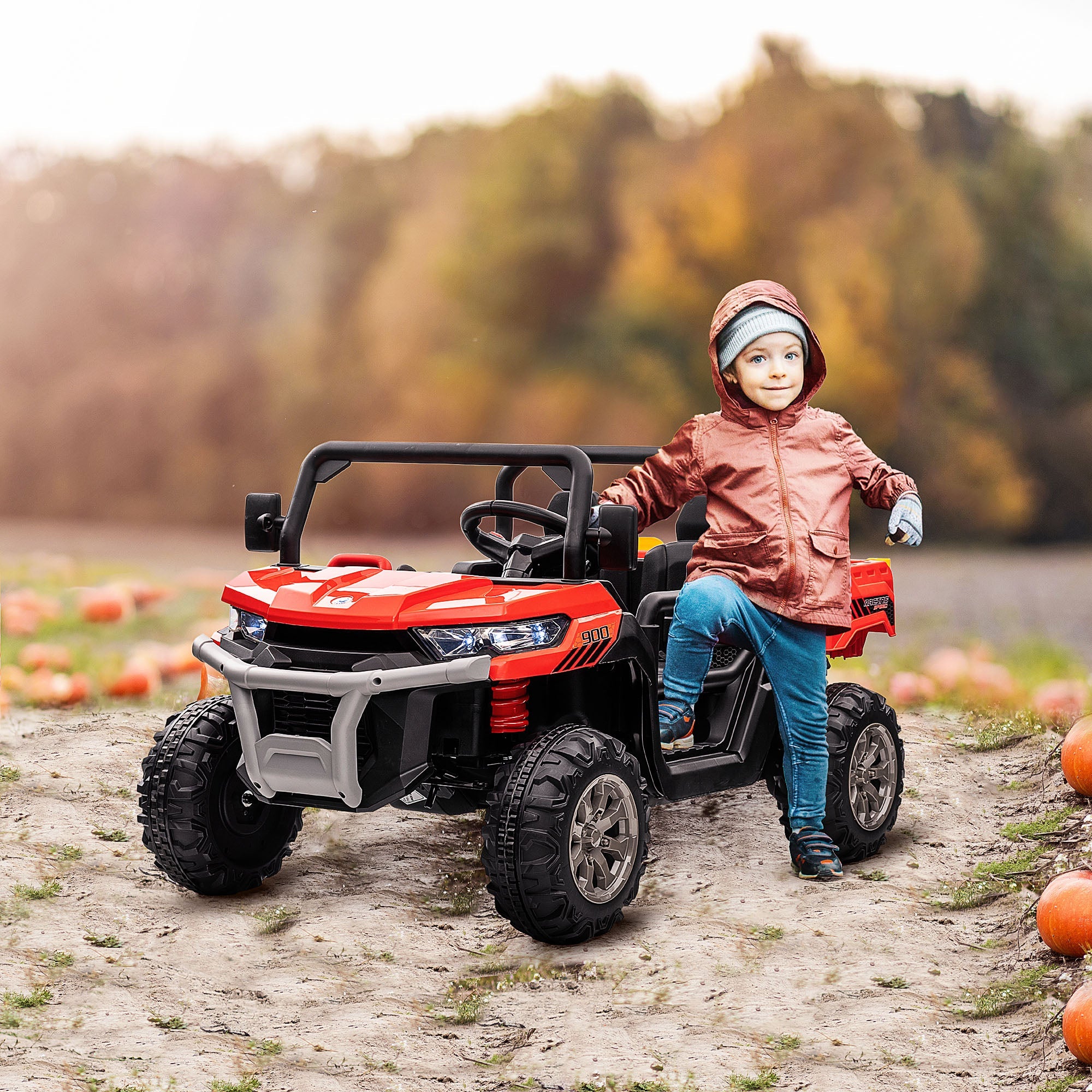 12V Two-Seater Kids Electric Ride-On Car, with Electric Bucket, Remote Control - Red-1