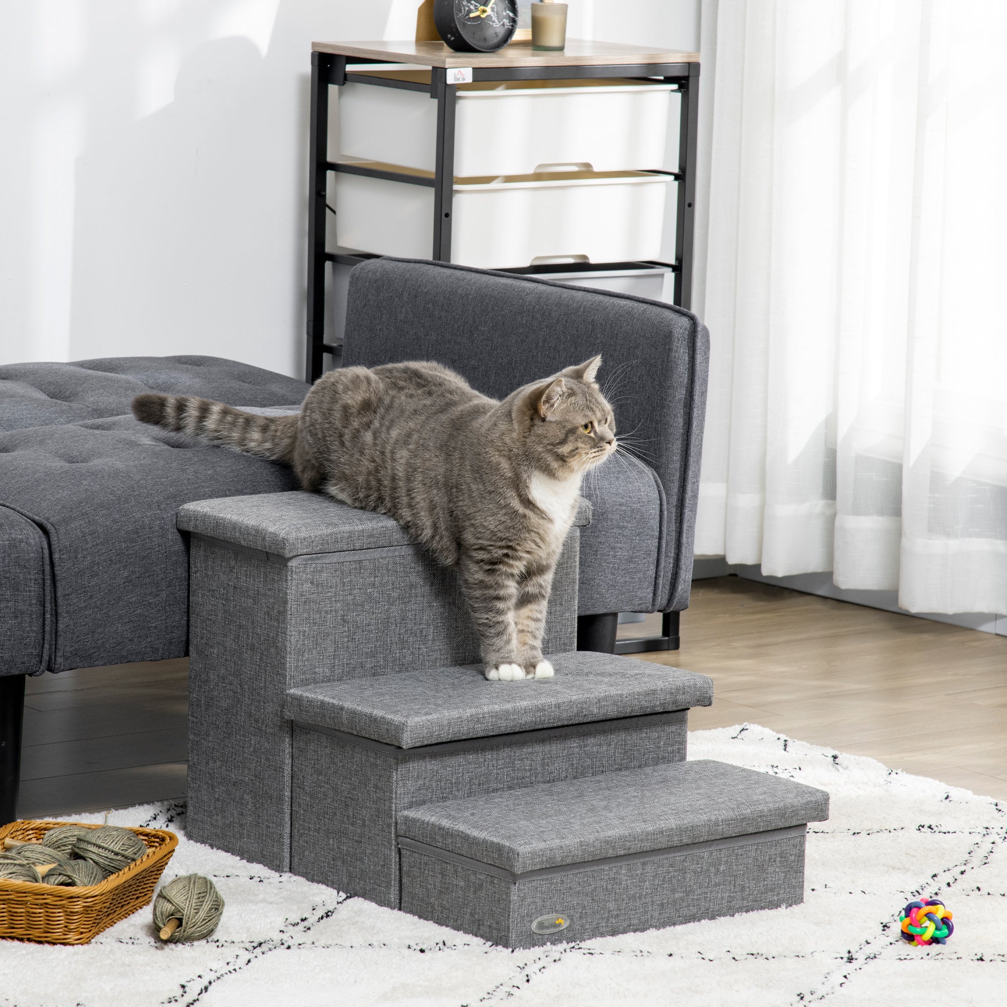 Cat Stairs with Storage Boxes, 3 Steps Dog Stairs for Bed, Pet Ladder for Couch Sofa, Easy Installation, 63.5 x 42.5 x 40.5 cm, Light Grey-1