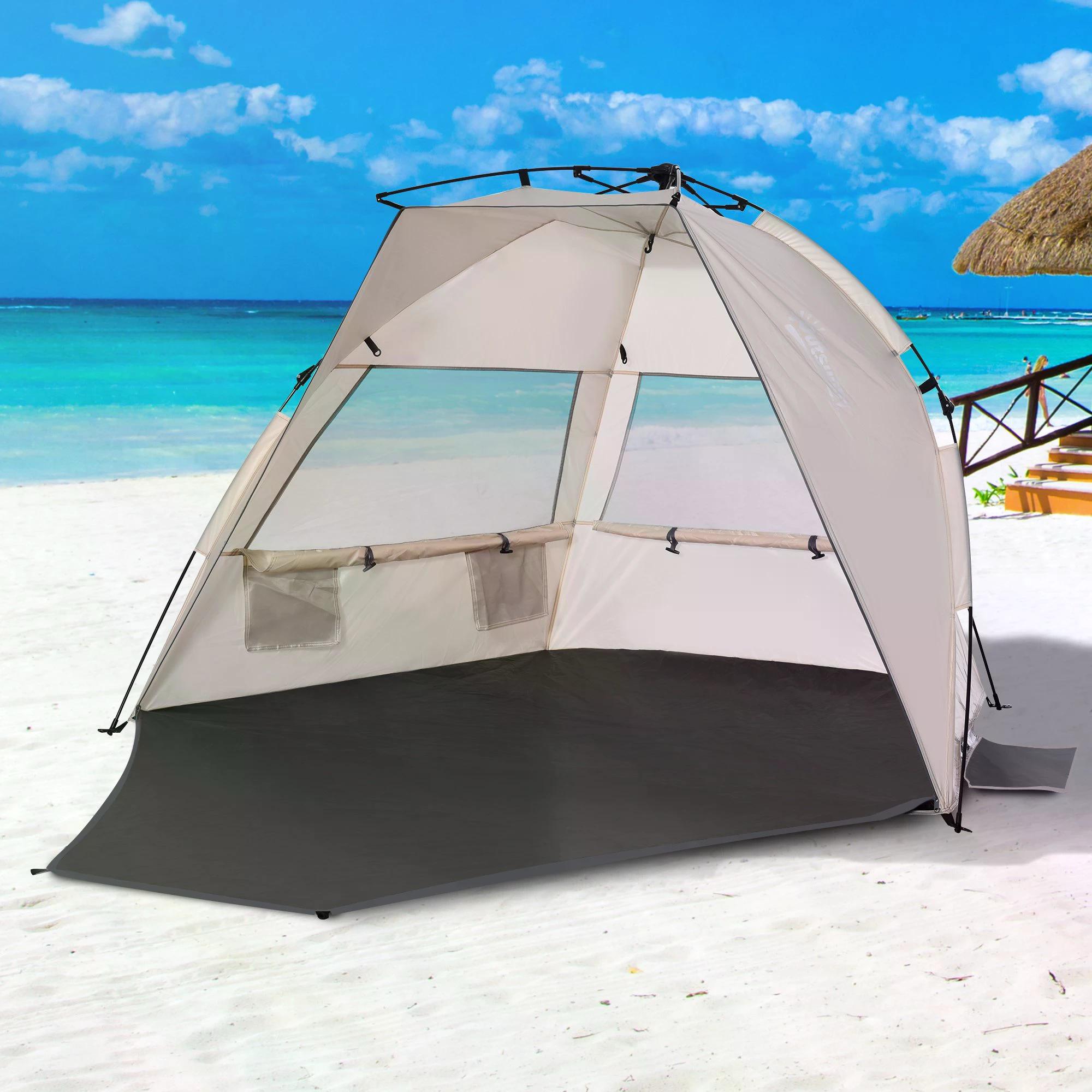 1-2 Man Pop-Up Beach Tent, Sun Shelter UV 20+ Protection w/ Long Floor Mesh Windows Sandbags Carry Bag Summer Hut House-1