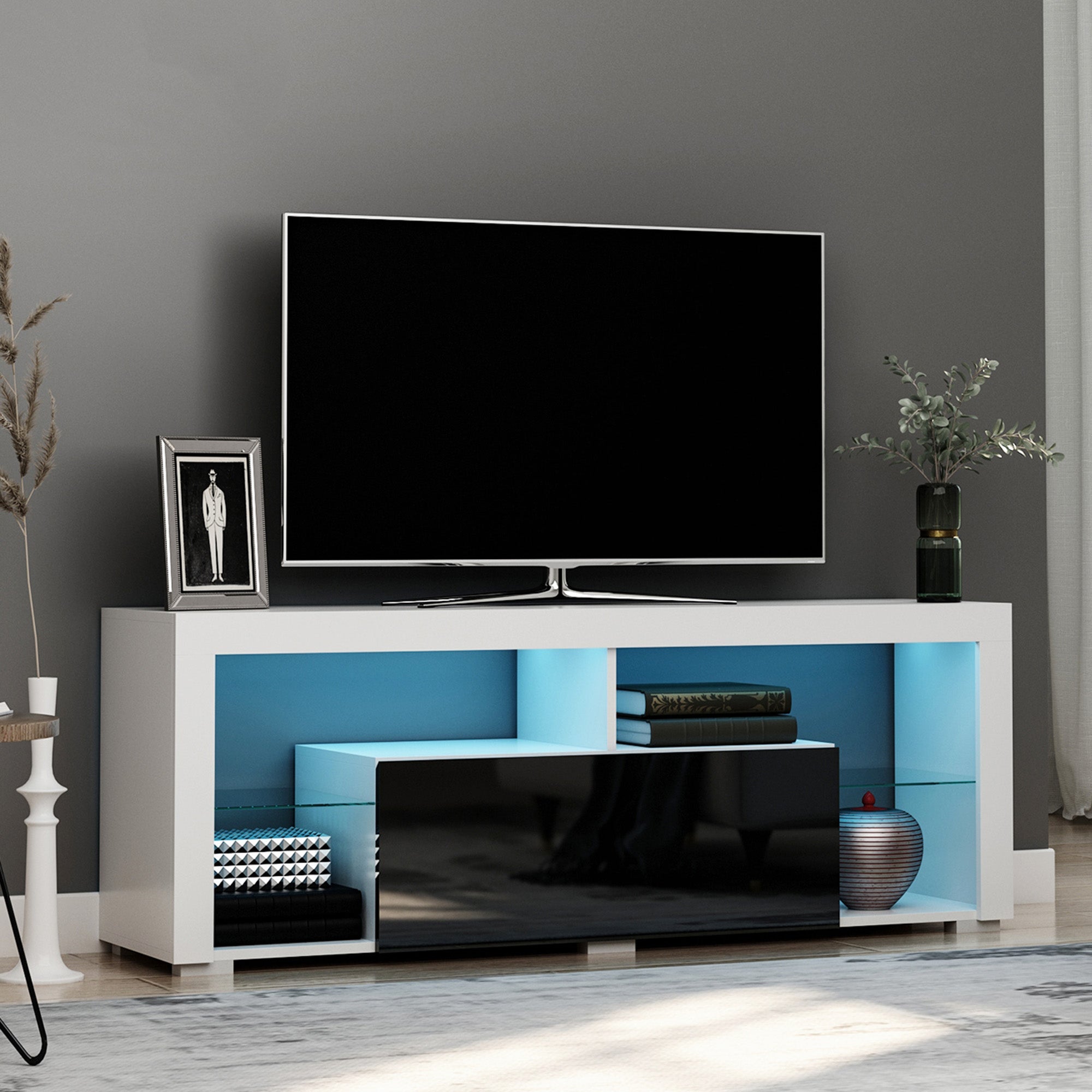 140cm TV Stand Cabinet High Gloss Media TV Stand Unit with LED RGB Light and Storage Shelf for 55 inch TV Black and White-1