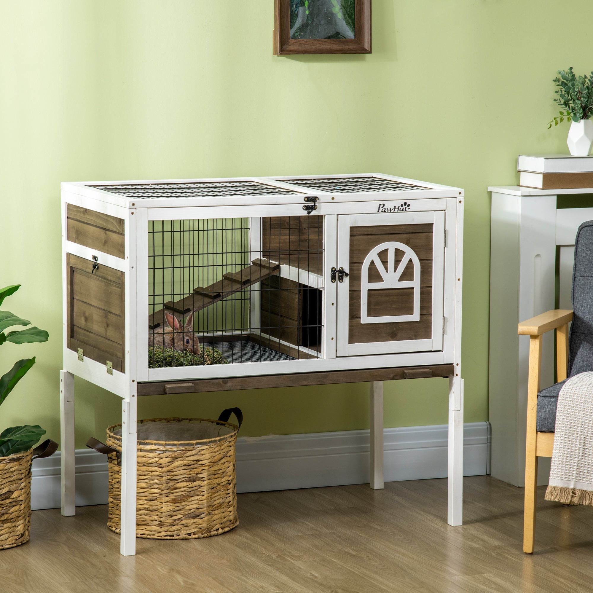 Wooden Rabbit Hutch with Openable Roof, Elevated Guinea Pig Cage with Ladder, Small Animal House w/ Slide-out Tray 90 x 53 x 87cm Coffee Brown-1