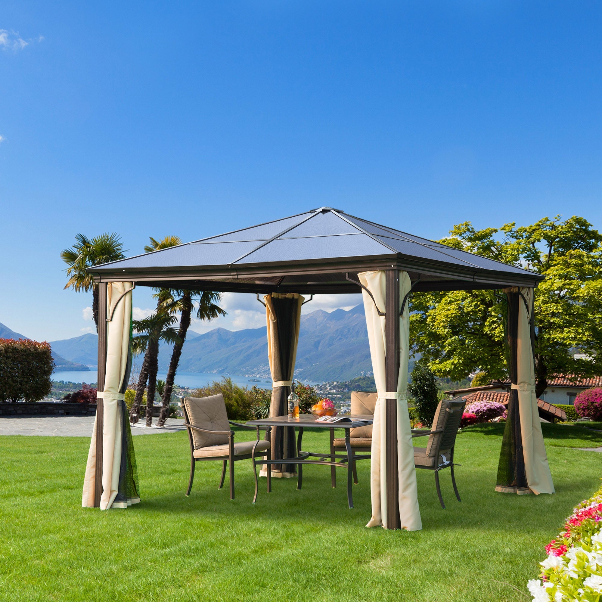 3 x 3(m) Hardtop Gazebo Canopy with Polycarbonate Roof and Aluminium Frame, Garden Pavilion with Mosquito Netting and Curtains, Brown-1