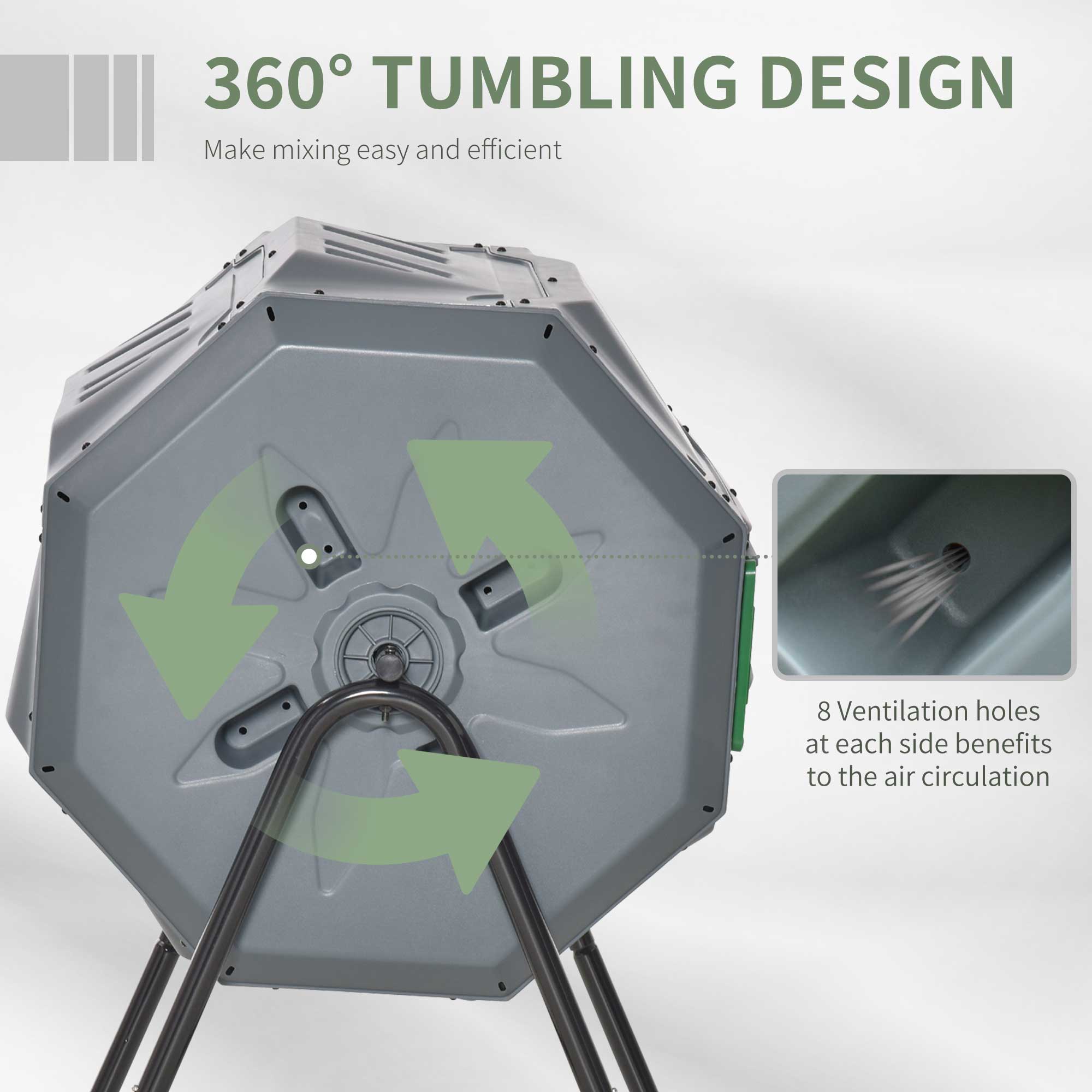 160L Tumbling Compost Bin Outdoor Dual Chamber 360° Rotating Composter w/ Sliding Doors & Solid Steel Frame, Grey-3